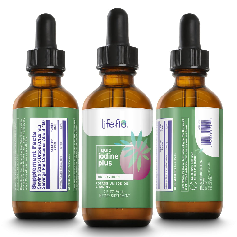 Close-up of Life-FLO Iodine Plus Drops label with 150 mcg detail