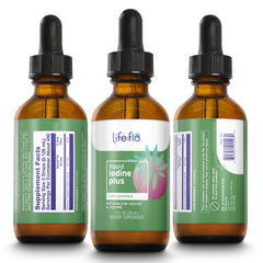 Close-up of Life-FLO Iodine Plus Drops label with 150 mcg detail