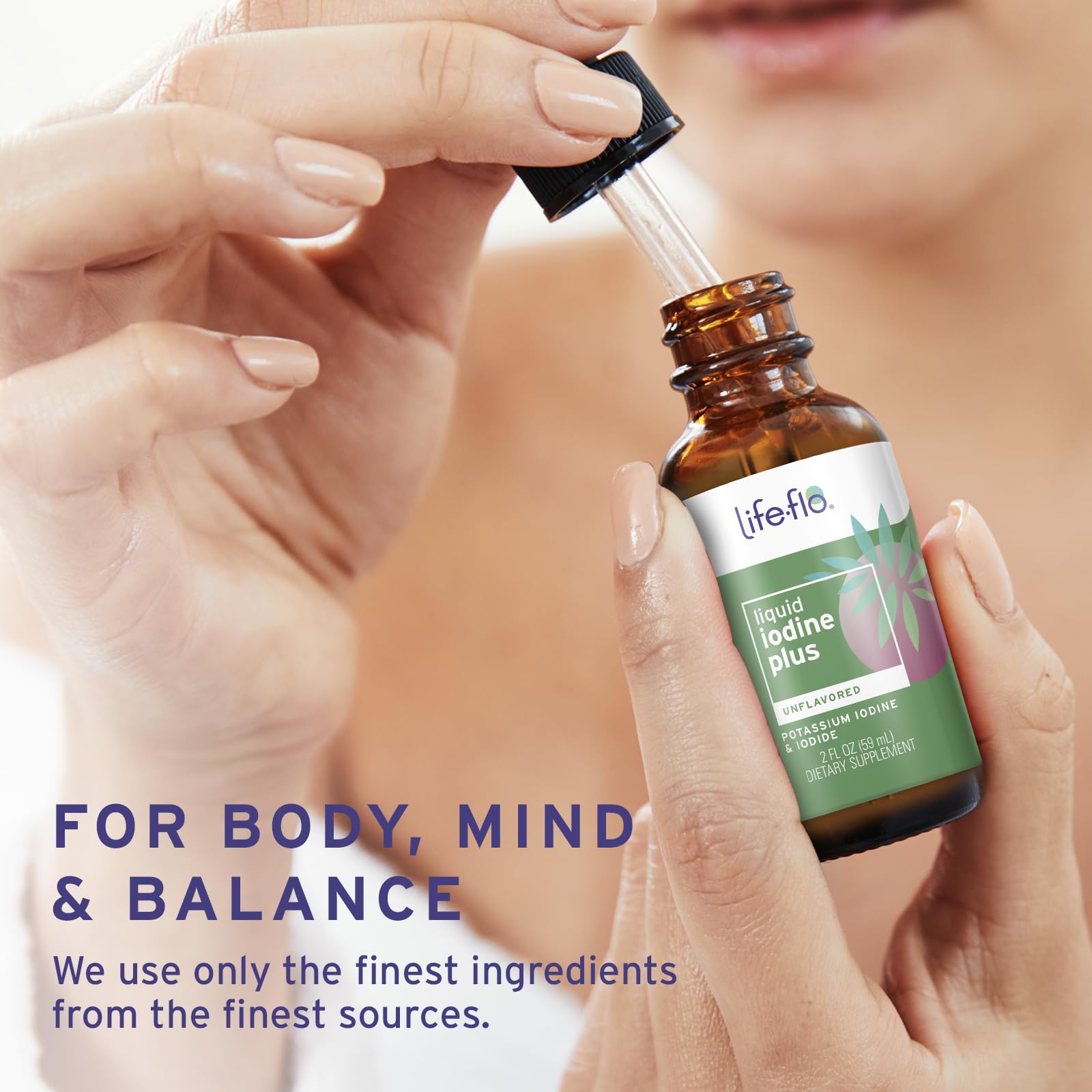 Life-FLO Iodine Plus Drops packaging on a kitchen counter