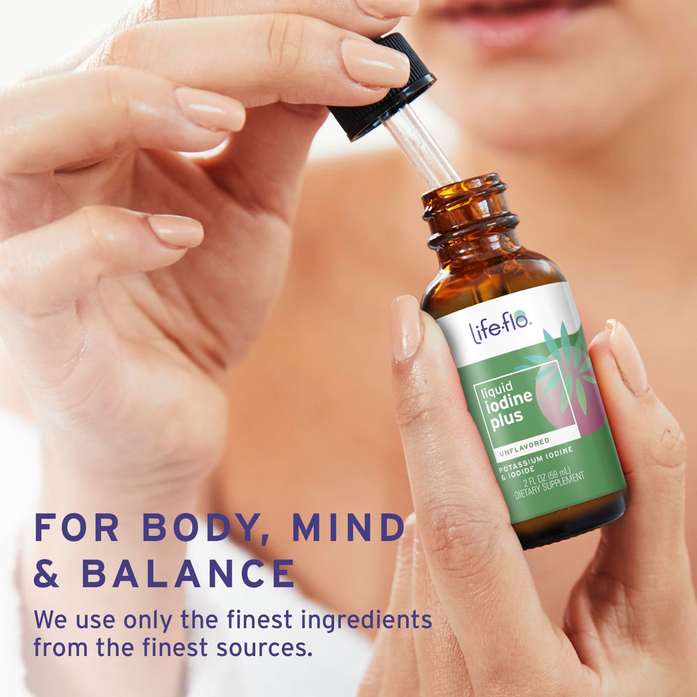 Life-FLO Iodine Plus Drops packaging on a kitchen counter