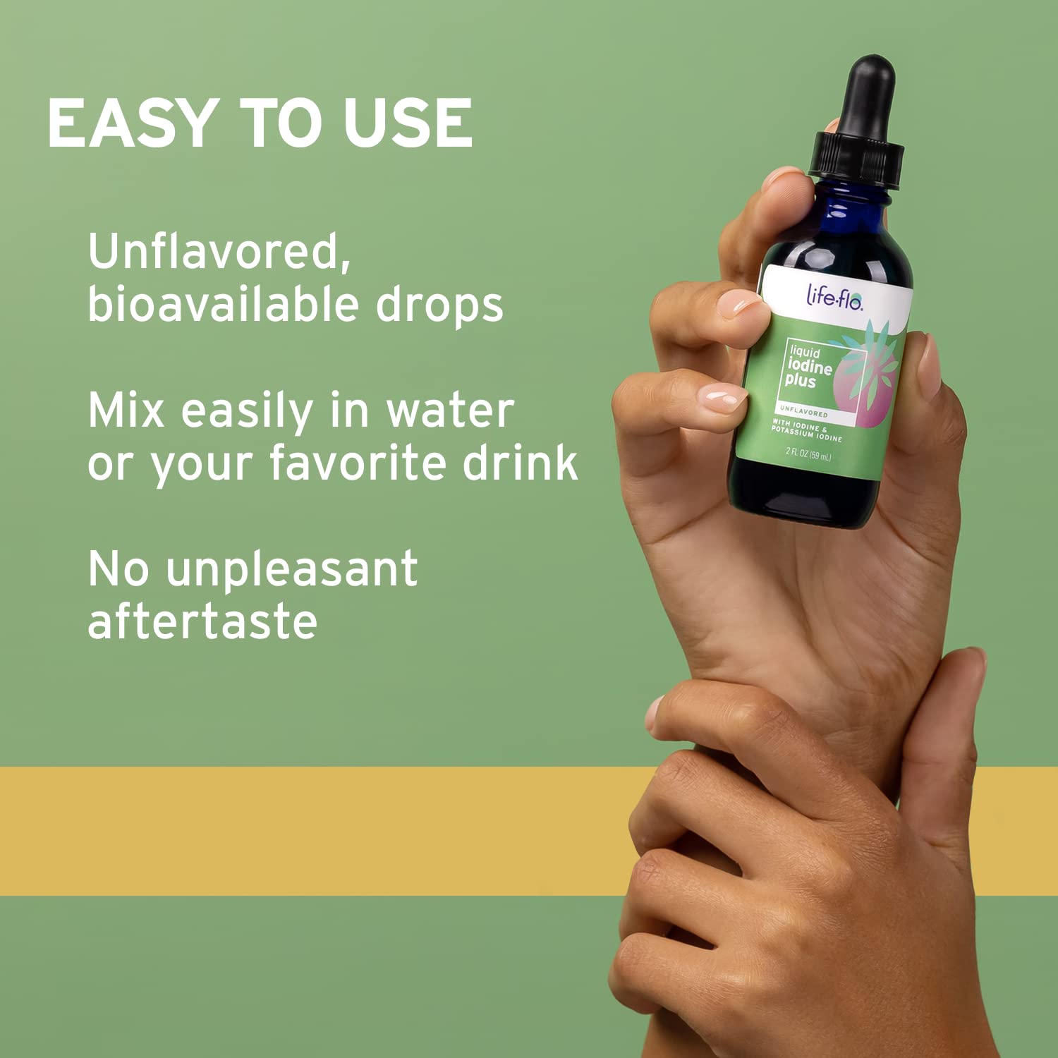 Life-FLO Iodine Plus Drops liquid measured with a spoon