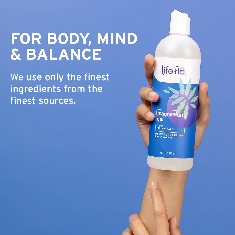 Life Flo Magnesium Gel leg application emphasizes calming relief during activity.