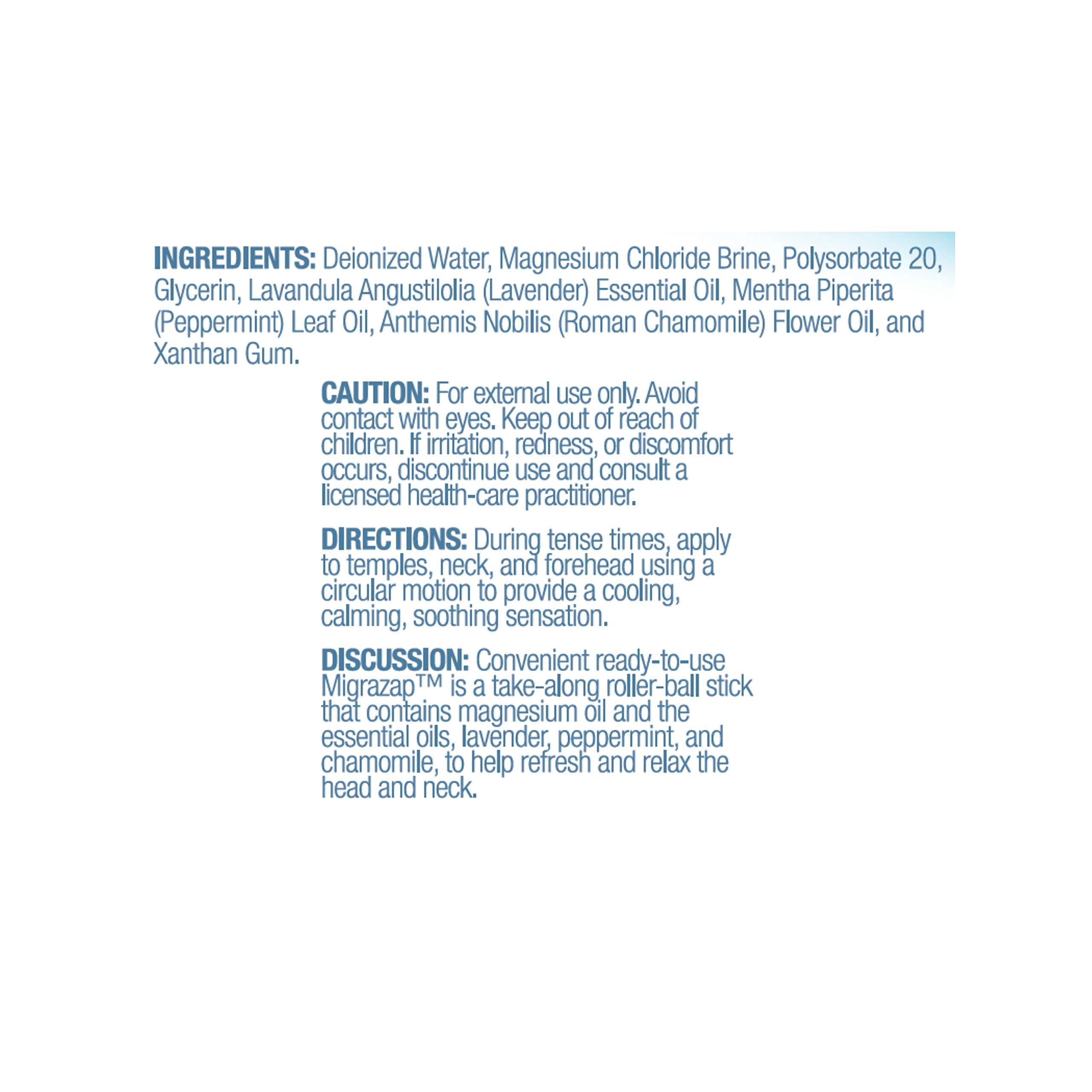 Life-flo Migrazap magnesium roll-on packaging front in compact bottle