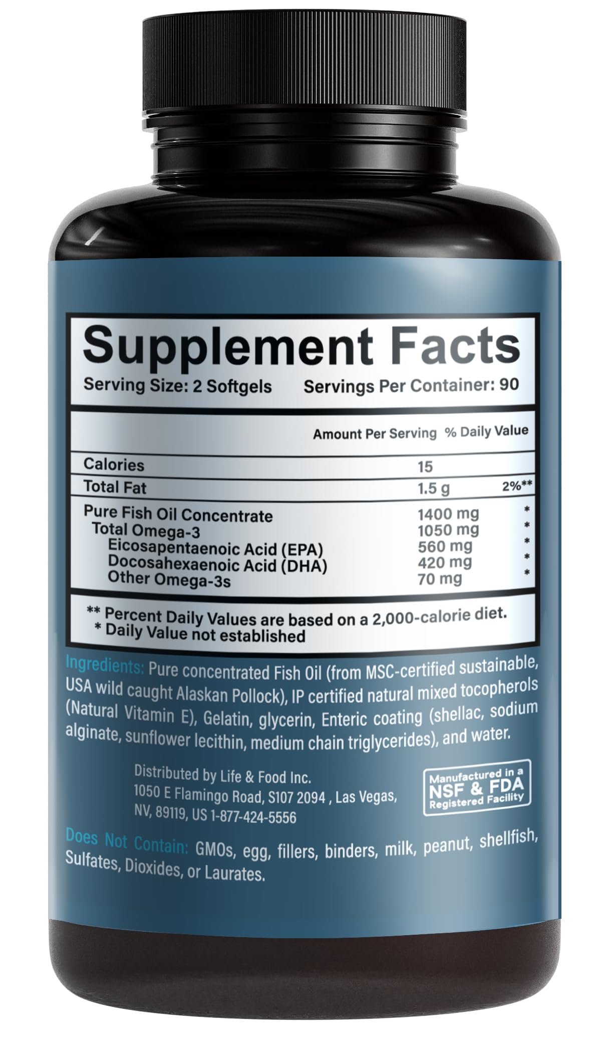 Life & Food Omega-3 Supreme bottle closeup showing enteric coating for burpless swallowing.