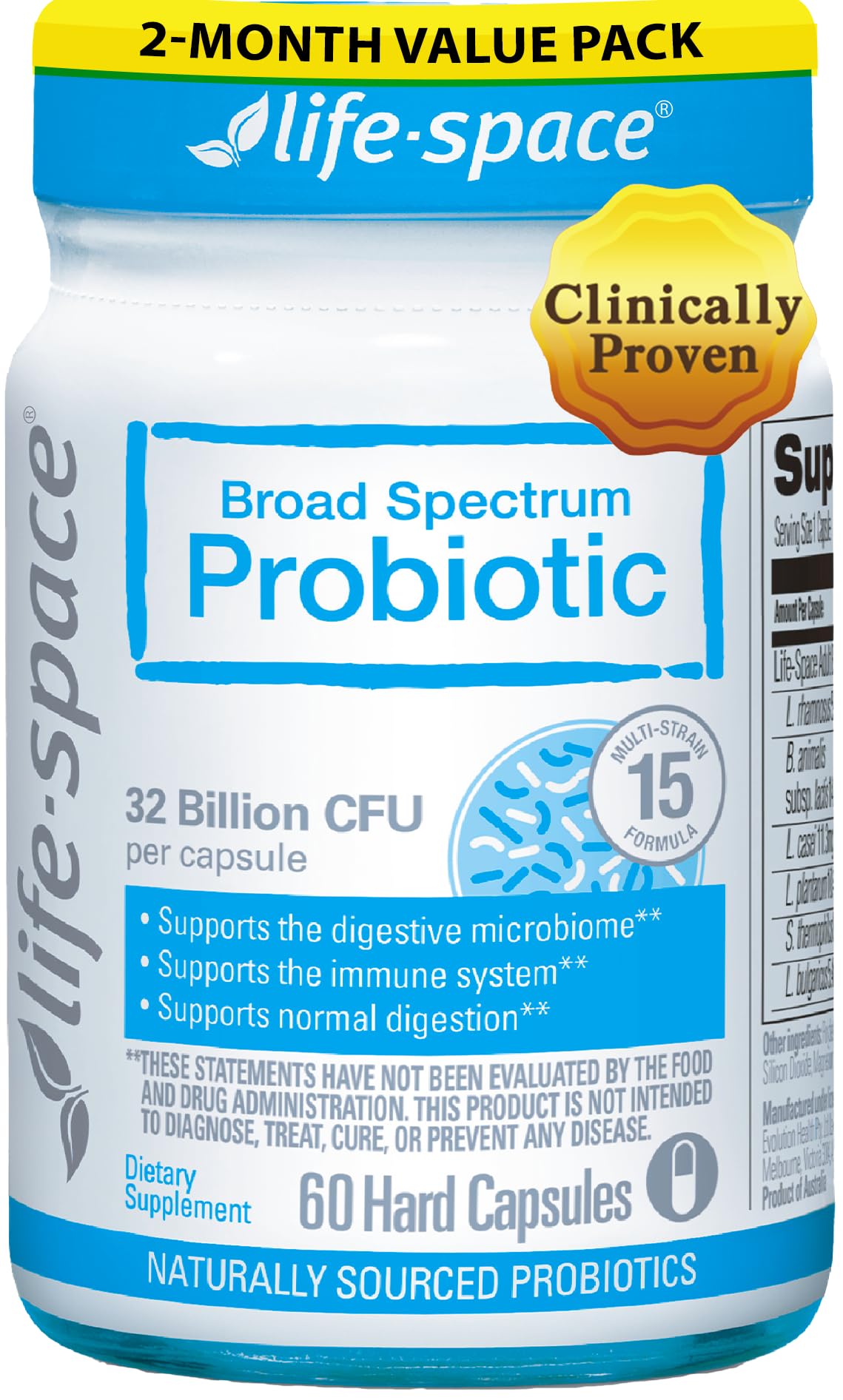 Life-Space Premium probiotic bottle front showing 60 capsules for daily support