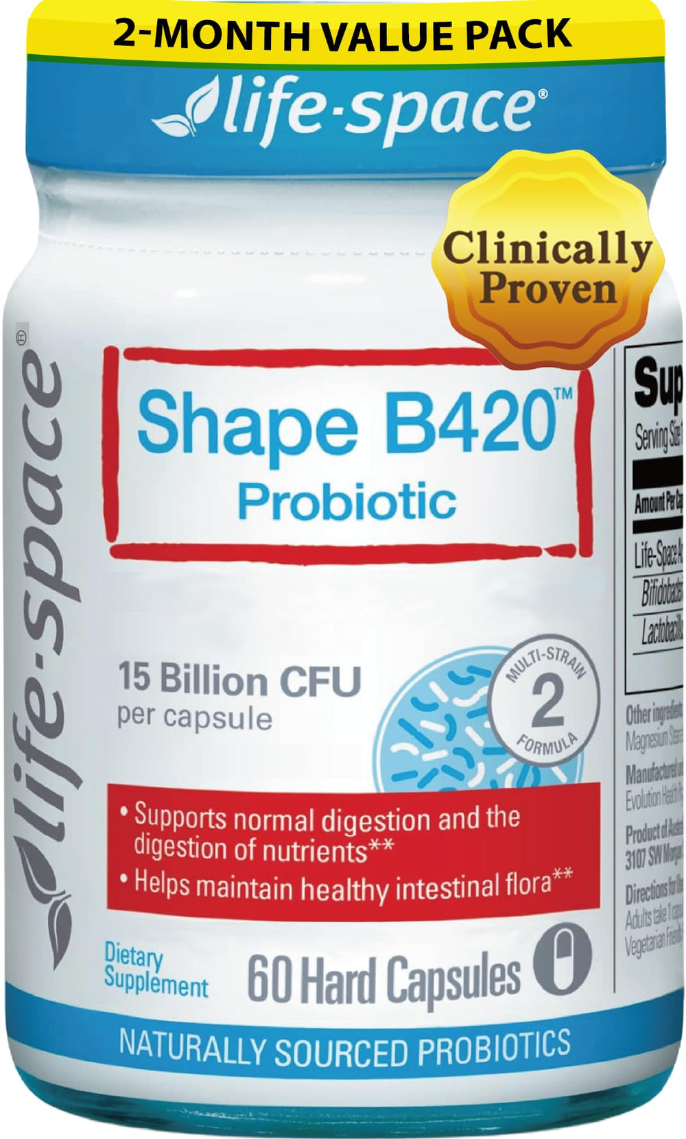 Life-Space Shape B420 probiotic bottle on a kitchen counter for daily use.