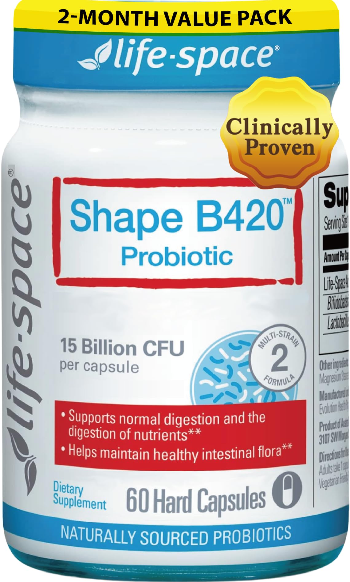 Life-Space Shape B420 probiotic bottle on a kitchen counter for daily use.