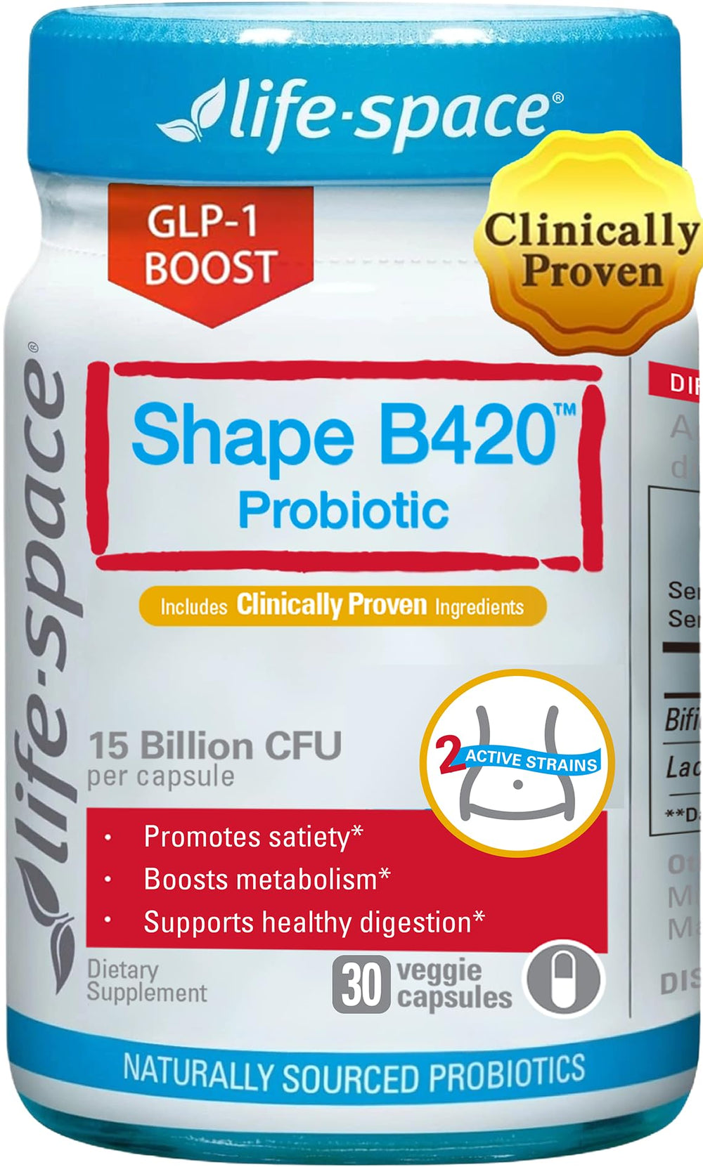 Life-Space Shape B420 bottle highlighting metabolism-support probiotic formulation