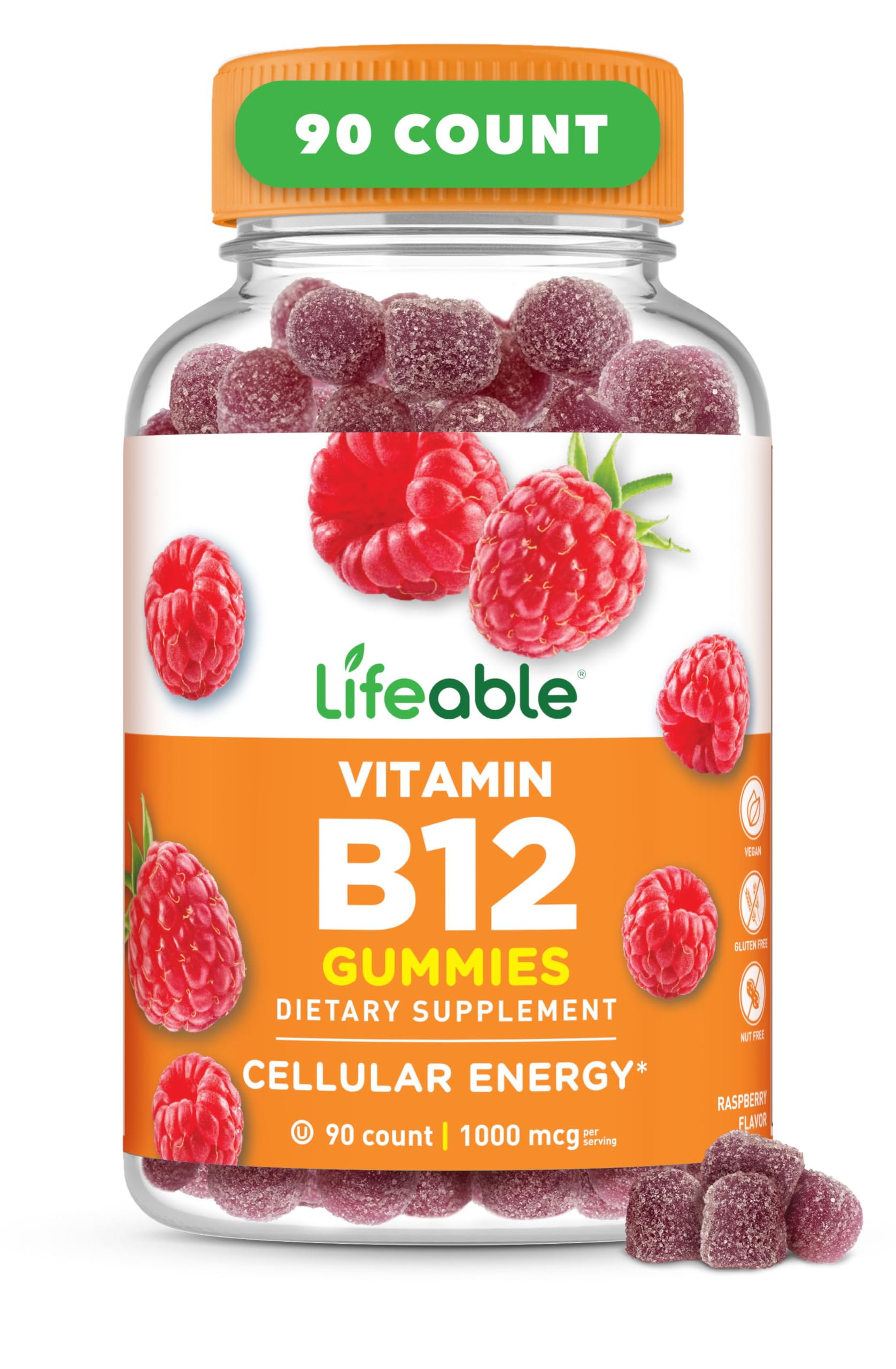 Lifeable B12 gummies bottle front view with raspberry flavor for daily energy support.
