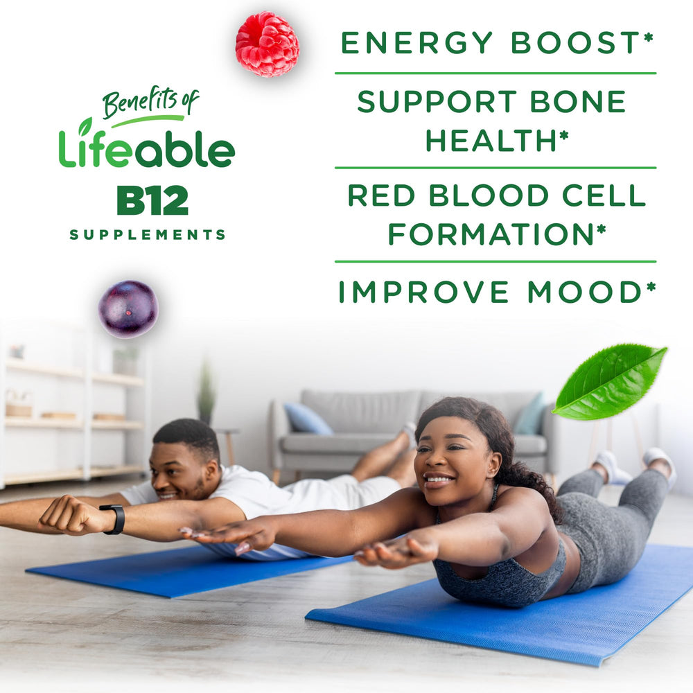 Lifeable B12 gummies two per serving illustrate simple daily intake for metabolism support.