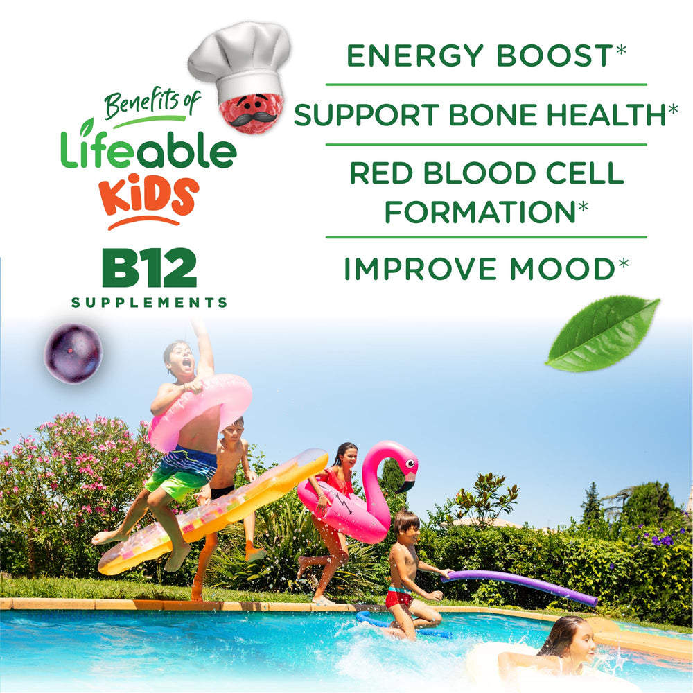 Lifeable B12 Kids Bottle Label highlights non-GMO and gluten-free ingredients