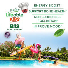 Lifeable B12 Kids Bottle Label highlights non-GMO and gluten-free ingredients