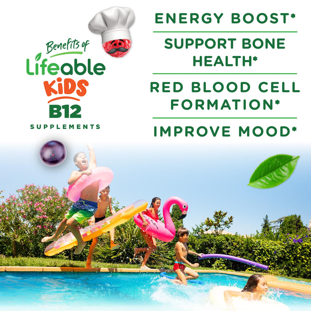 Lifeable B12 Kids serving size illustration with two gummies