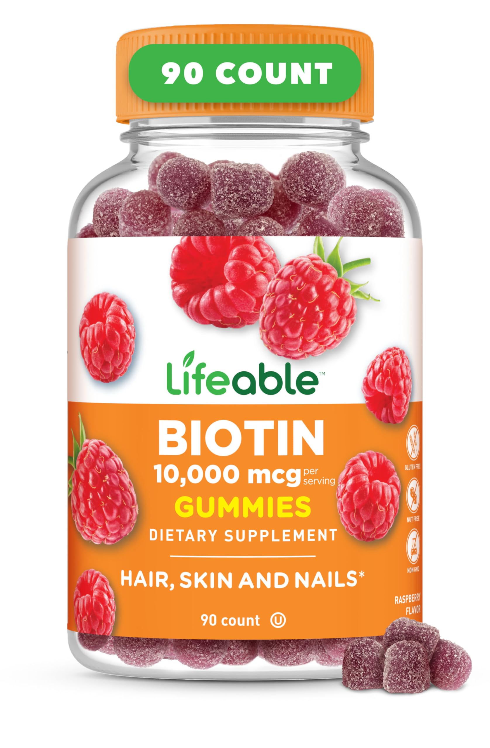 Lifeable Biotin Gummies bottle with raspberry flavor for daily hair, skin, and nails care.
