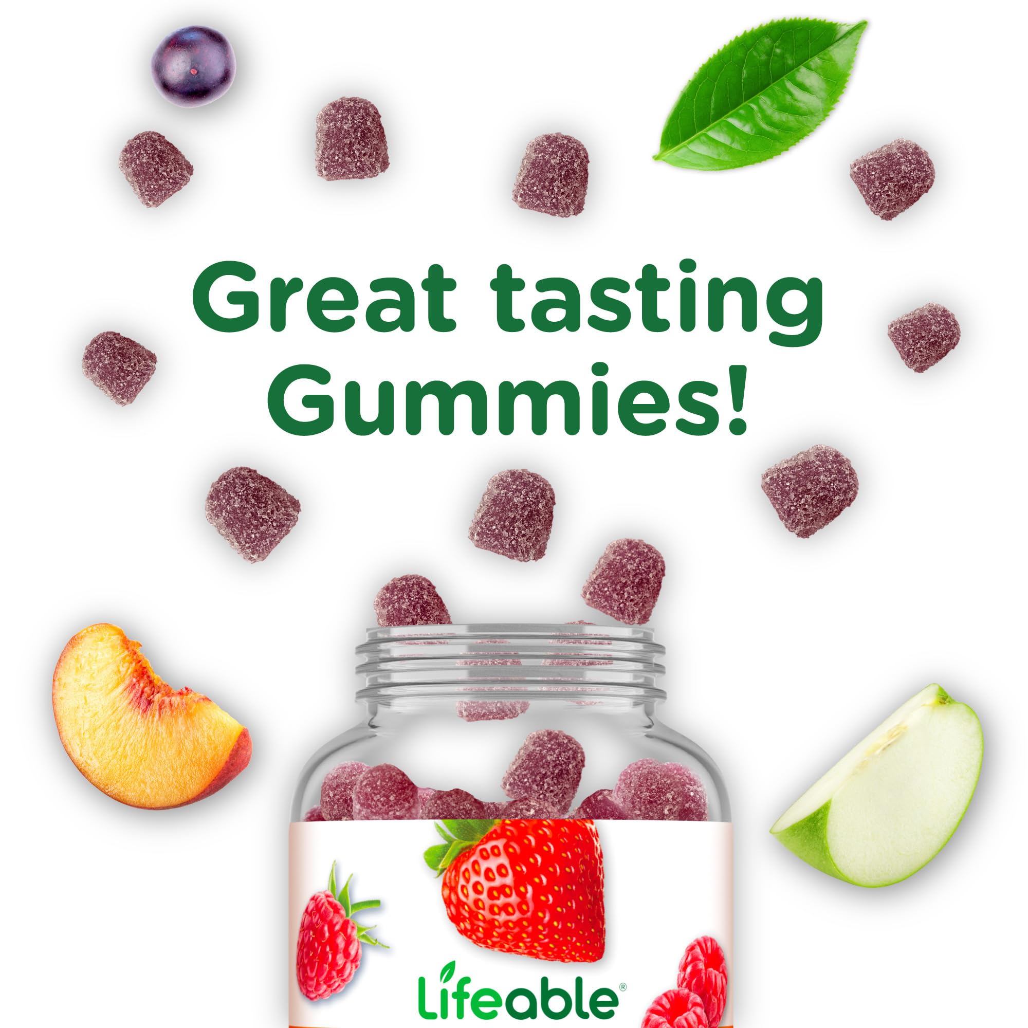 Lifeable Biotin Gummies front label, vegan, non-GMO, dairy-free.