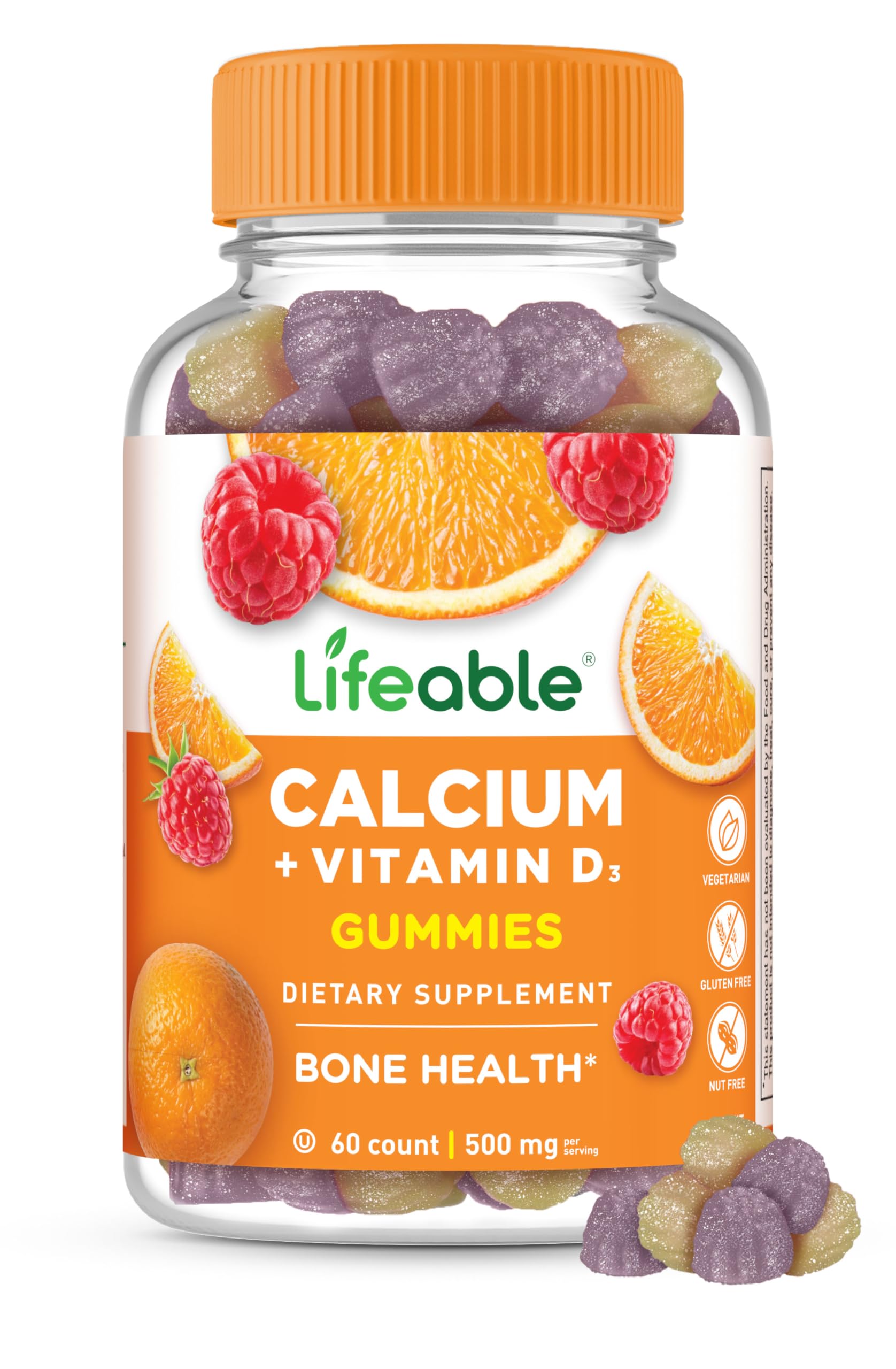 Lifeable Calcium with Vitamin D3 gummies bottle front showing packaging for bone support