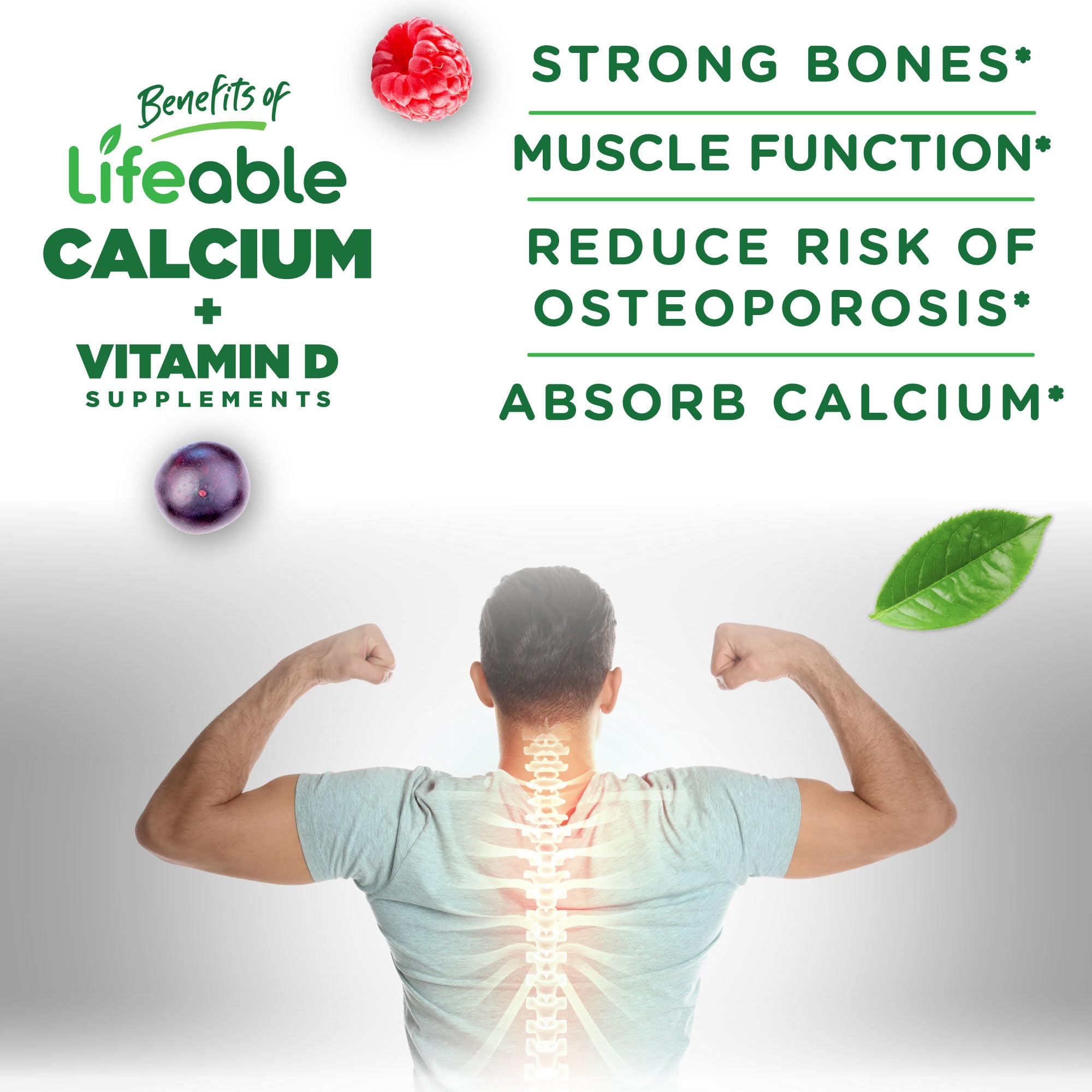 Lifeable Calcium with Vitamin D3 serving two gummies illustrating 500 mg calcium per serving