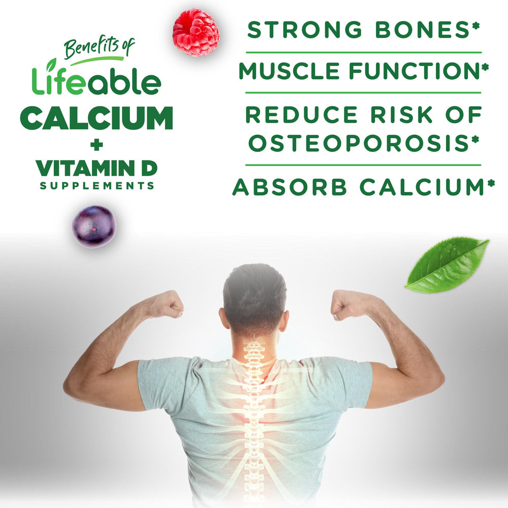 Lifeable Calcium with Vitamin D3 serving two gummies illustrating 500 mg calcium per serving