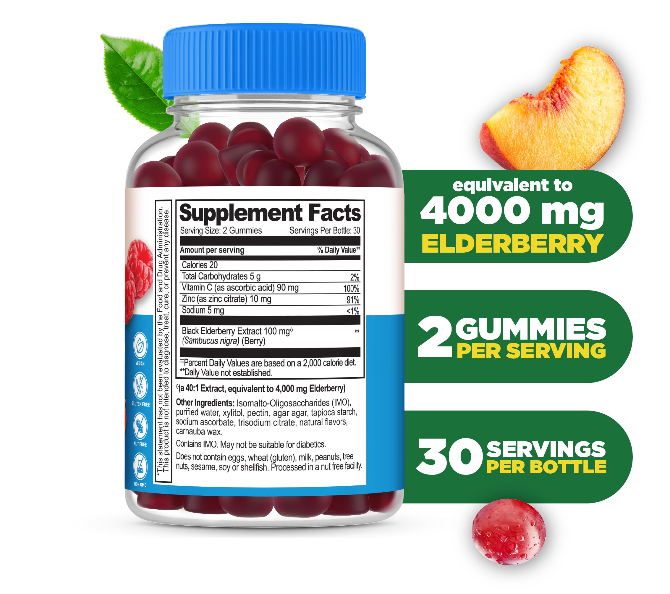 Lifeable elderberry gummies bottle closeup highlights berry flavor and sugar-free appeal.