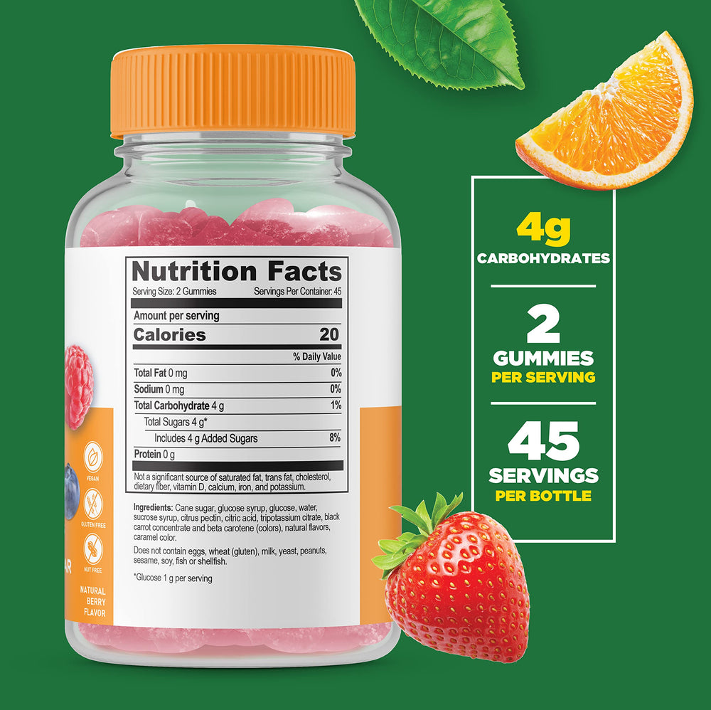 Lifeable Glucose Gummies close-up of colorful gummies highlighting natural mixed berry flavor