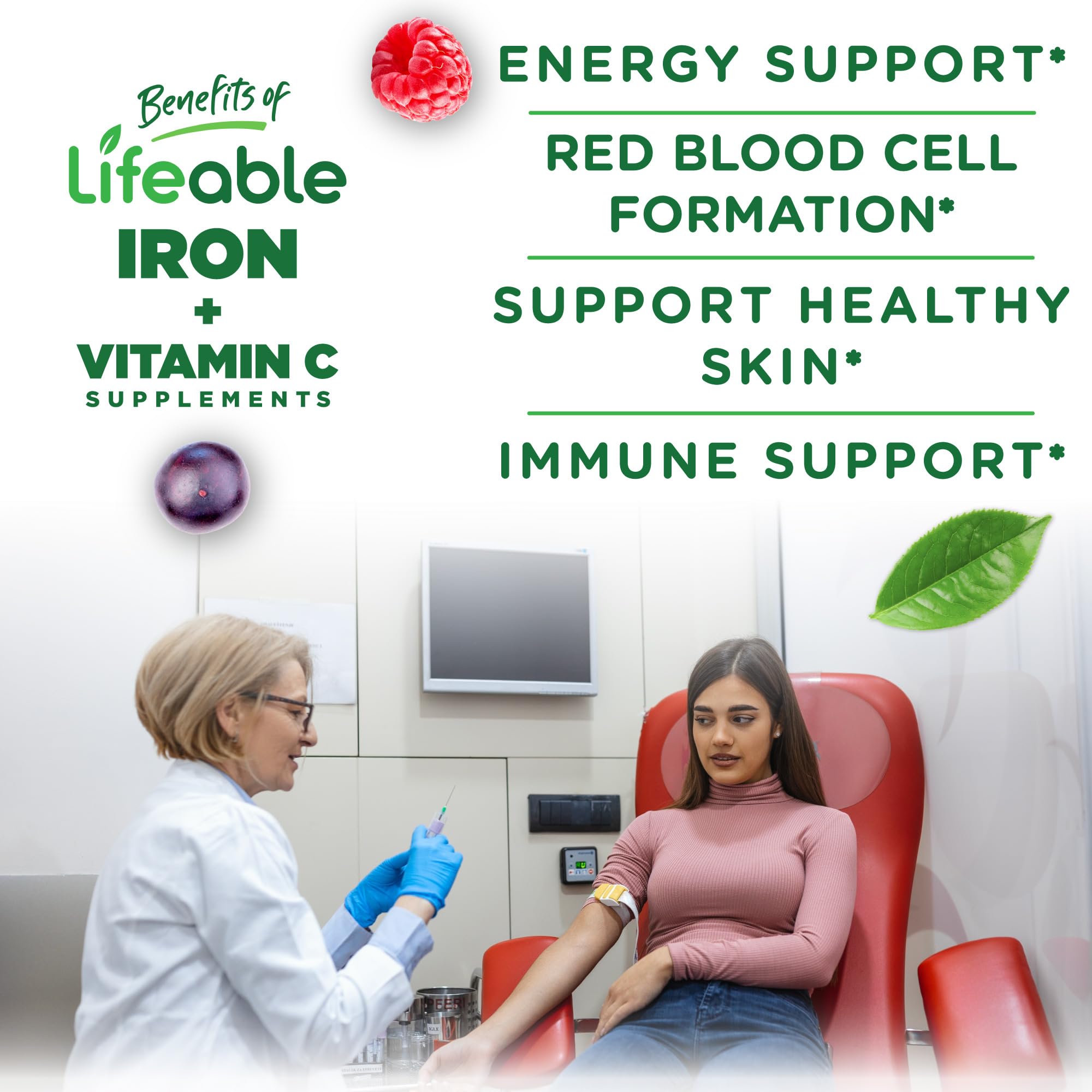 Lifeable Iron Gummies grape bottle pour demonstrates convenient daily intake.