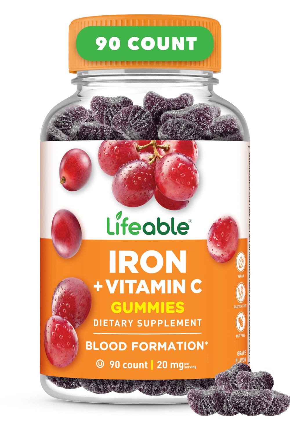 Lifeable Iron Gummies grape bottle shows a tasty daily iron support.