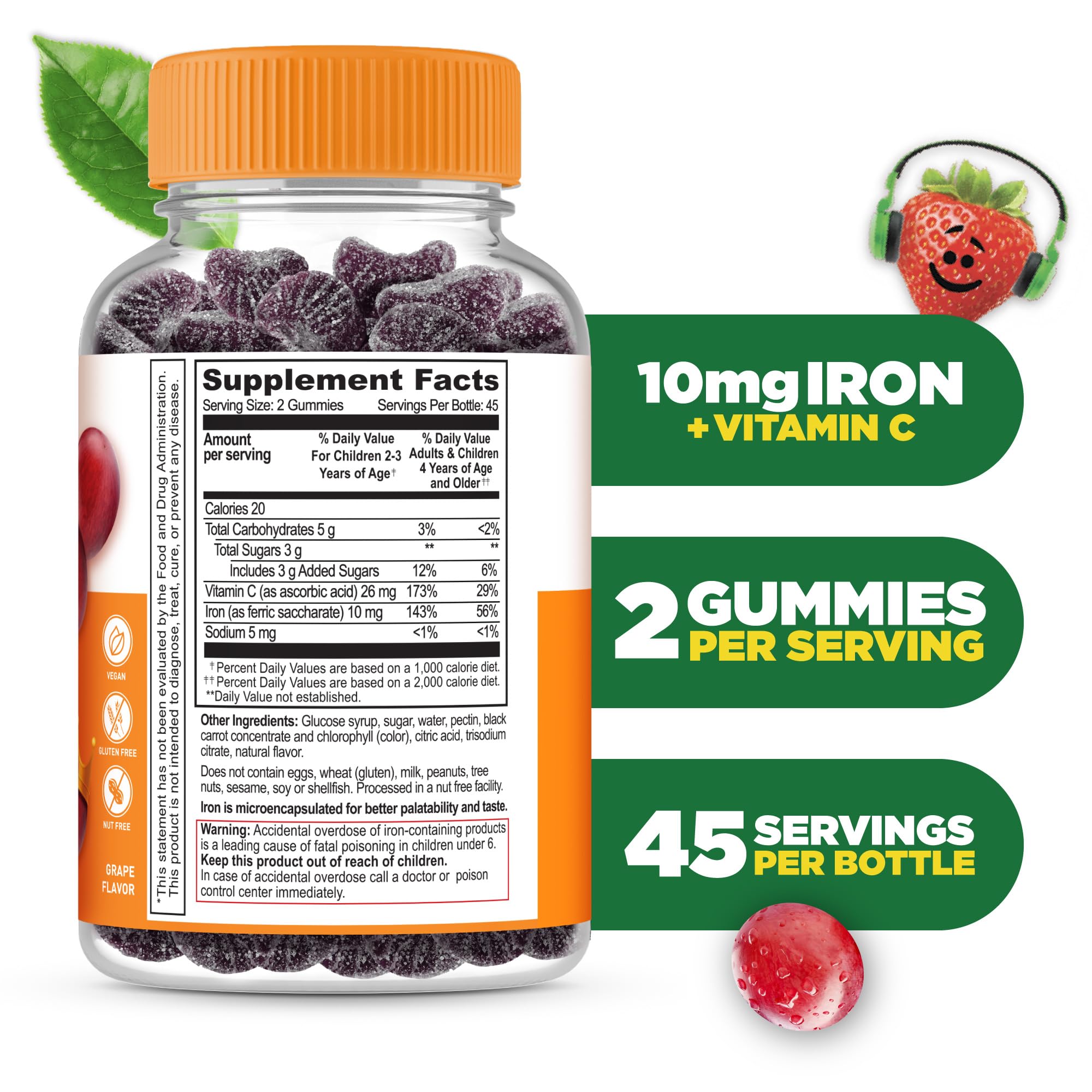 Lifeable Iron for Kids bottle nutrition label with 10 mg iron per serving