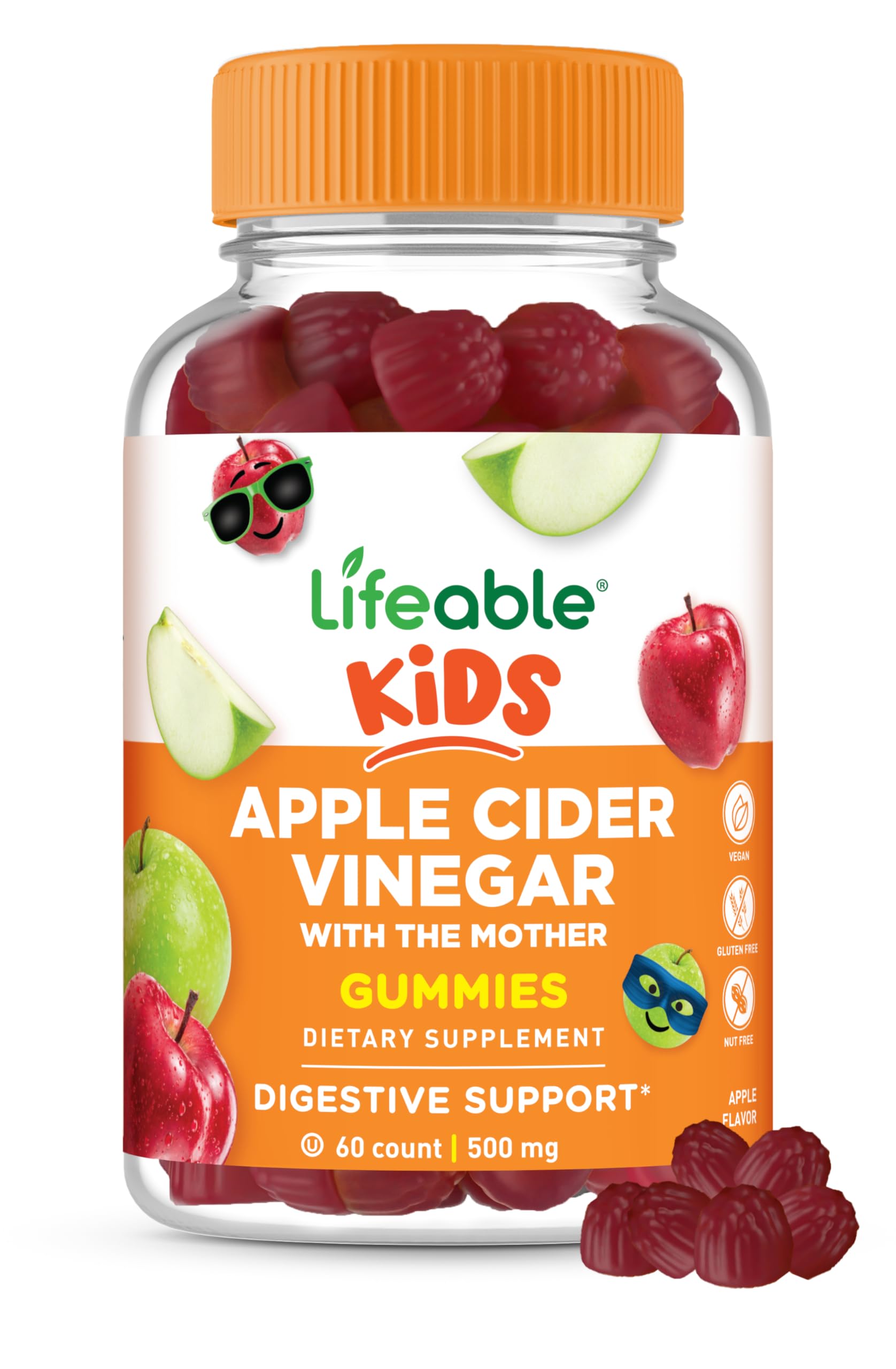 Lifeable kid-friendly ACV gummies packshot highlighting delicious apple flavor for kids.