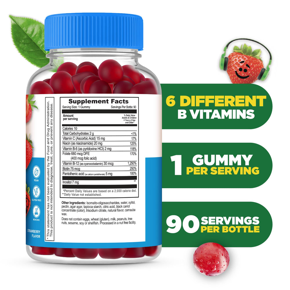 Lifeable Kids B Complex gummies close-up shows juicy strawberry flavor for daily use.
