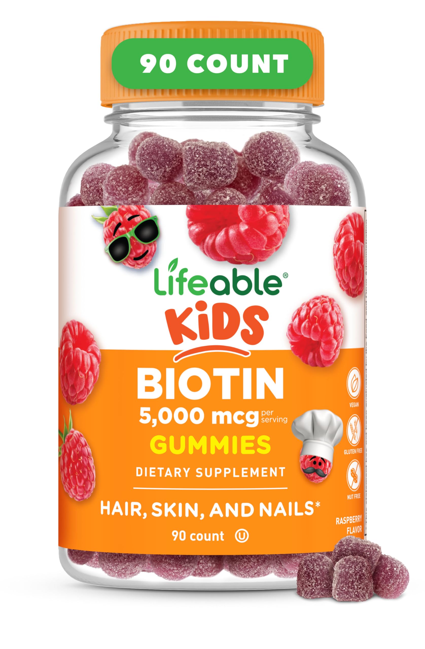 Lifeable Kids Biotin Gummies jar close-up shows a kid-friendly raspberry supplement.
