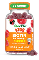 Lifeable Kids Biotin Gummies jar close-up shows a kid-friendly raspberry supplement.
