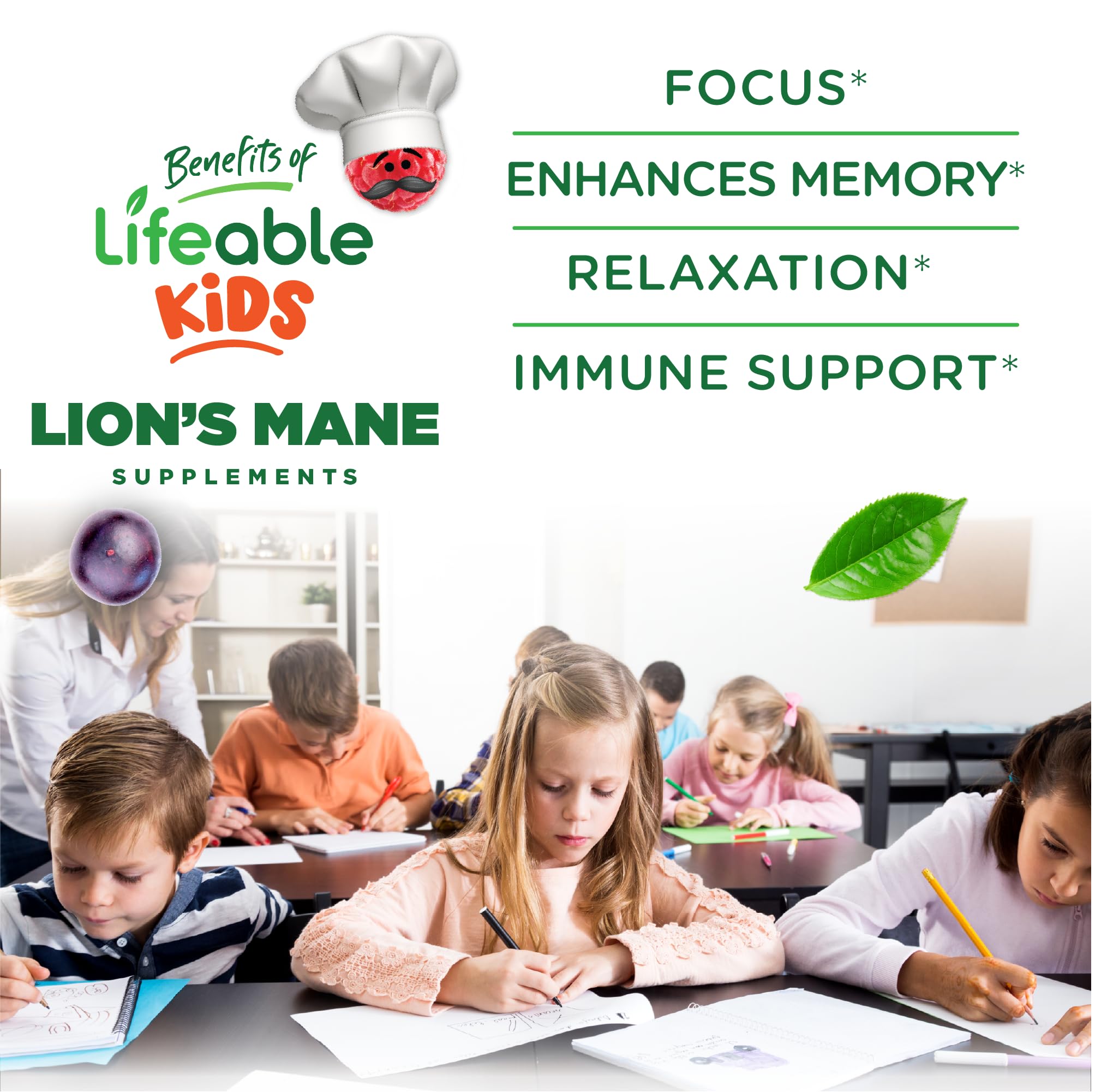 Lifeable Lions Mane Kids Gummies berry flavor closeup, tasty way to support daily focus.