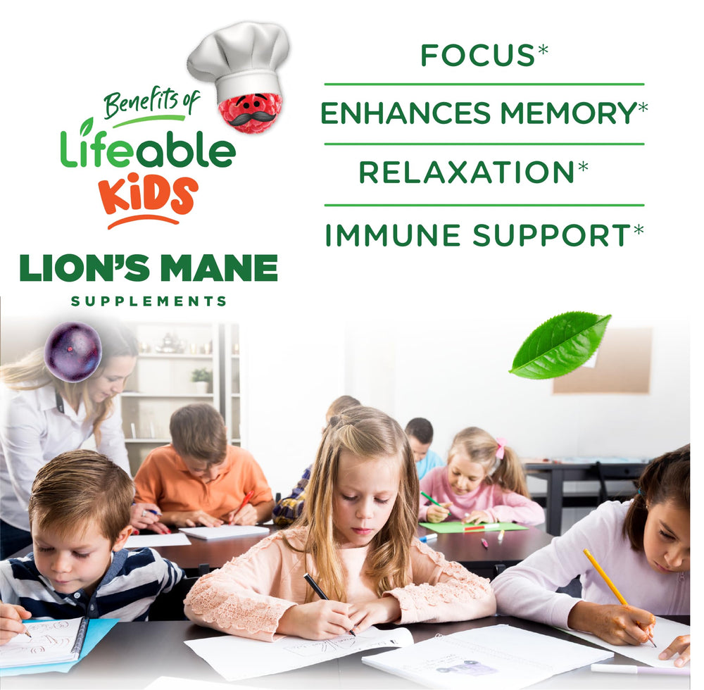 Lifeable Lions Mane Kids Gummies berry flavor closeup, tasty way to support daily focus.