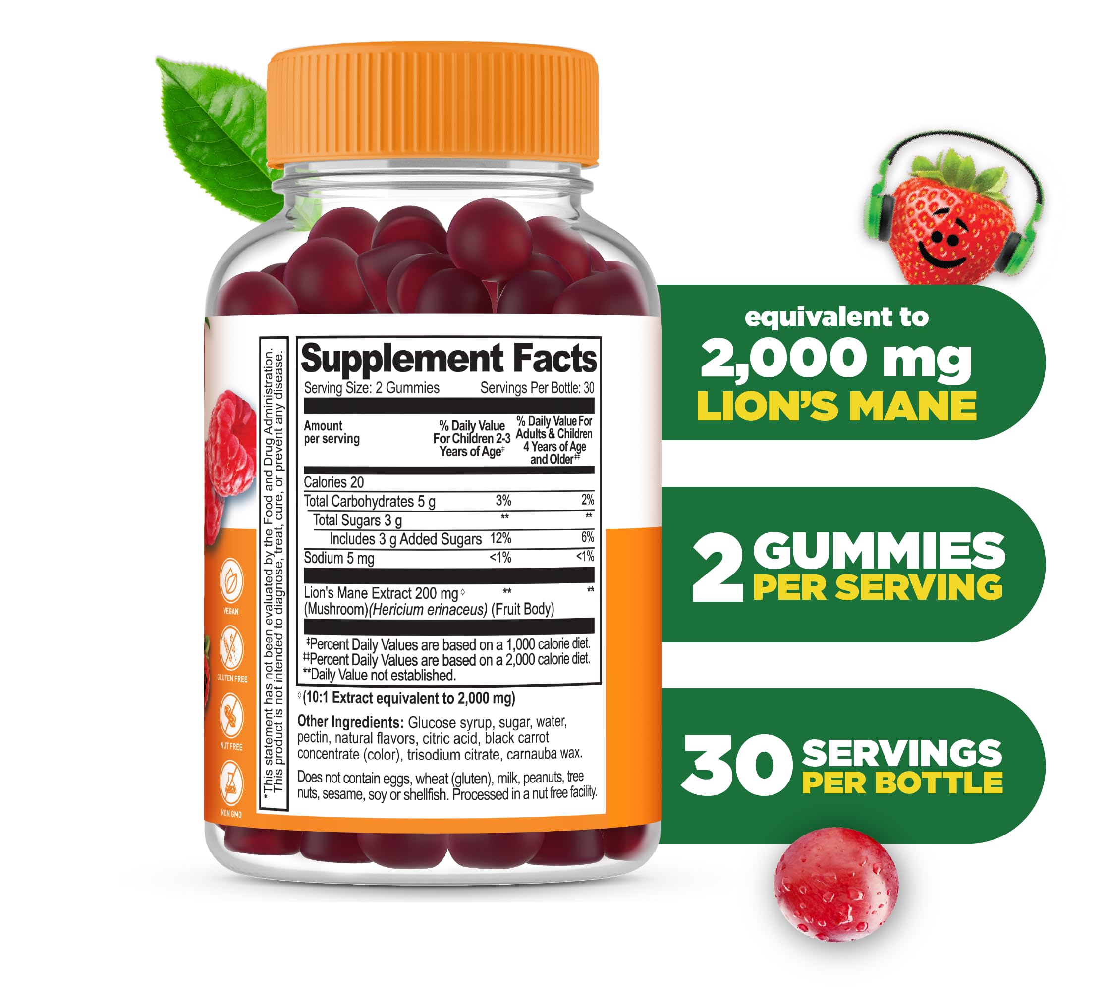 Lifeable Lions Mane Kids Gummies bottle pour, highlighting two gummies per day serving.