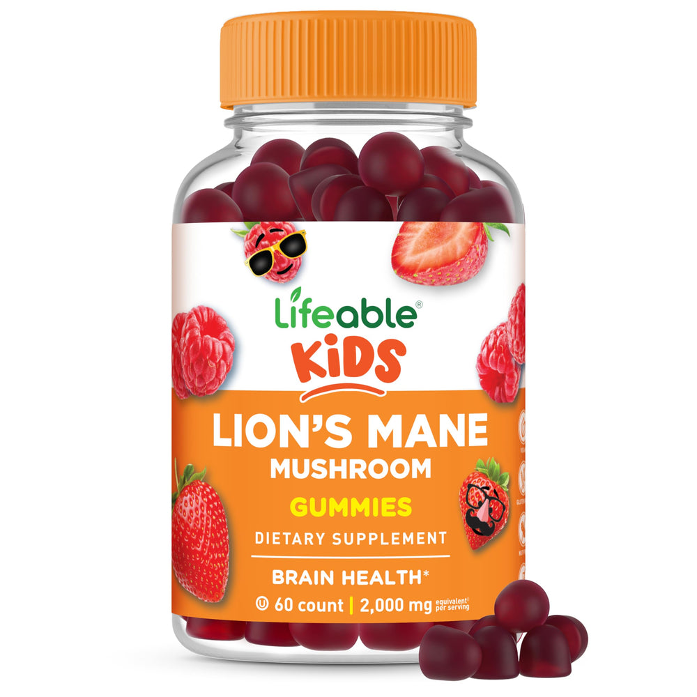 Lifeable Lions Mane Kids Gummies bottle on table, showcasing kid-friendly brain-boost formula.