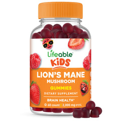 Lifeable Lions Mane Kids Gummies bottle on table, showcasing kid-friendly brain-boost formula.