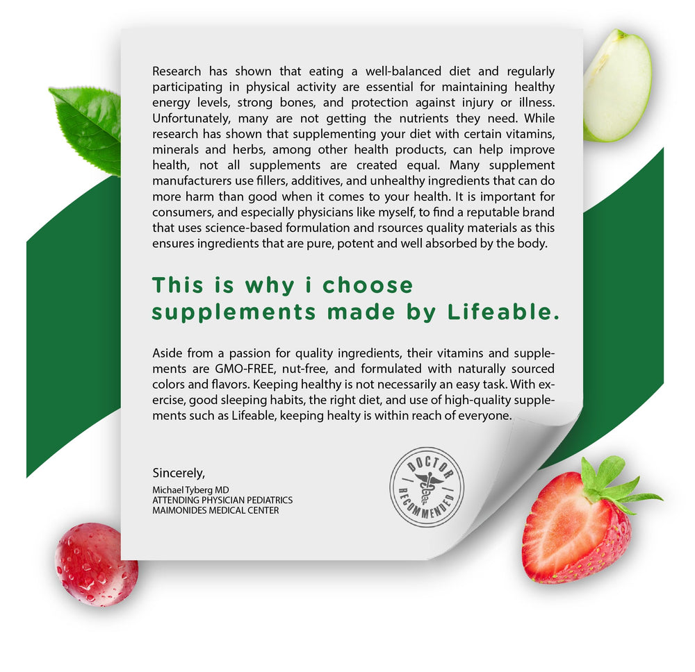Lifeable Lions Mane Kids Gummies vegan formula with kosher and non-GMO ingredients.