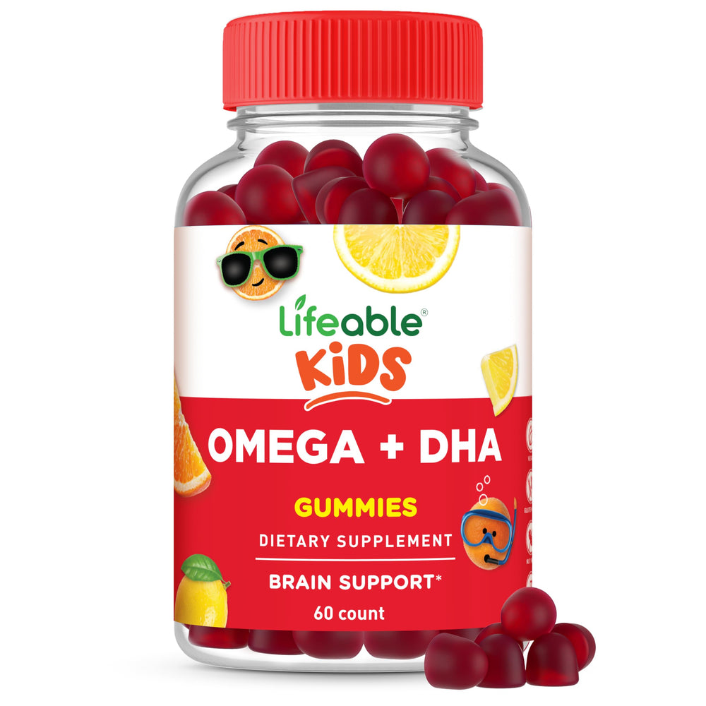 Lifeable Omega 3 for Kids Gummies bottle front highlights vegan DHA for growing minds.