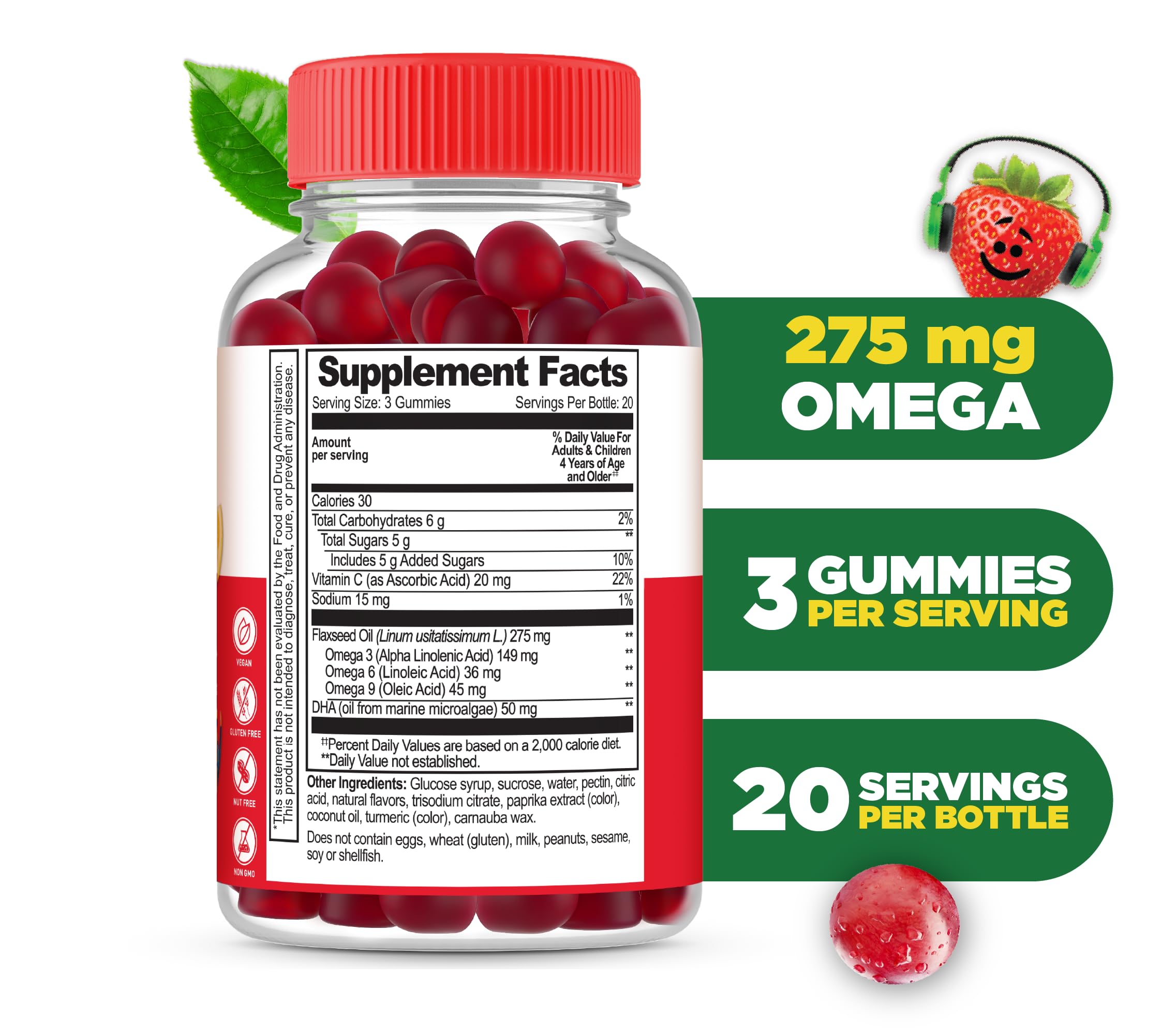 Lifeable Omega 3 for Kids Gummies bottle illustration emphasizes plant-based DHA for growing minds.