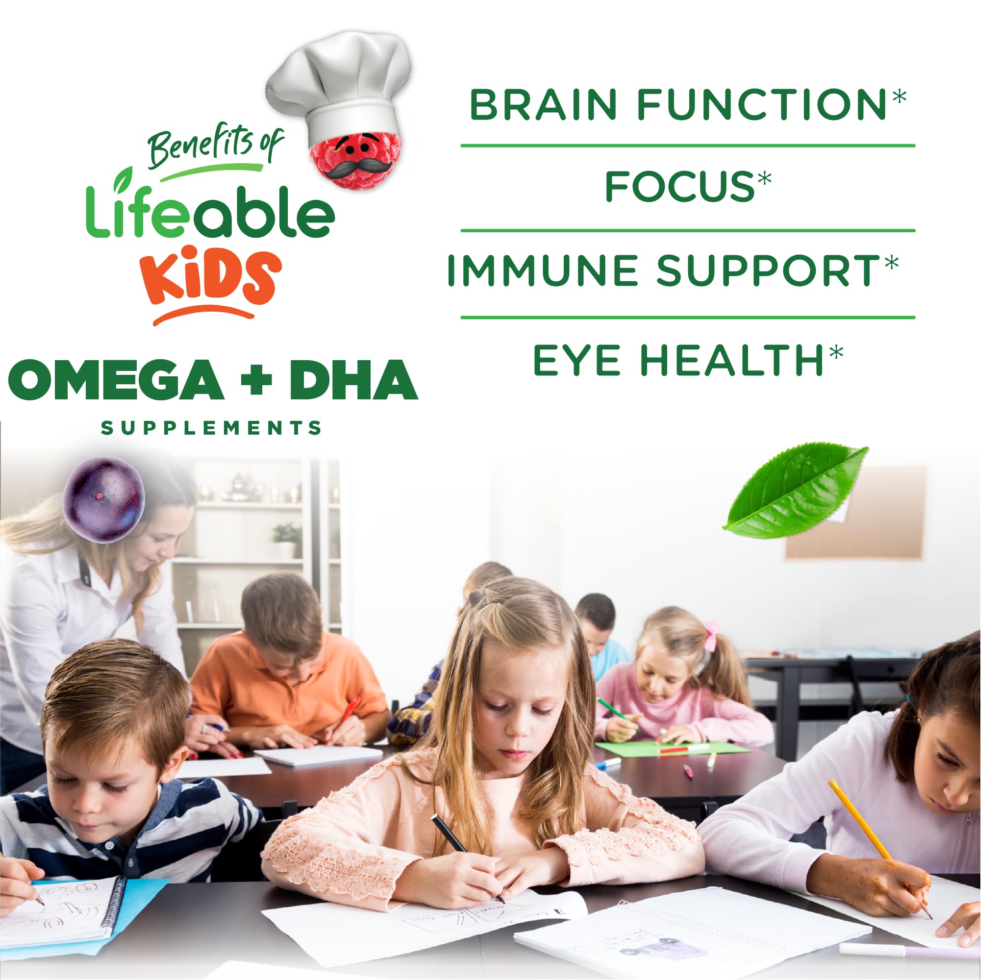 Lifeable Omega 3 for Kids Gummies package close-up shows flaxseed-based formulation and labeling.