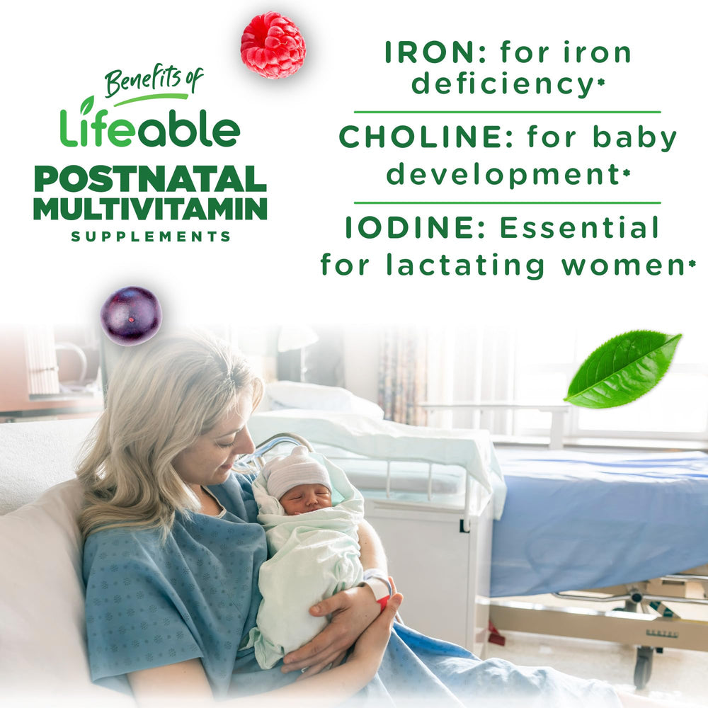Lifeable postnatal gummies with iron choline and folate for moms