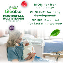 Lifeable postnatal gummies with iron choline and folate for moms