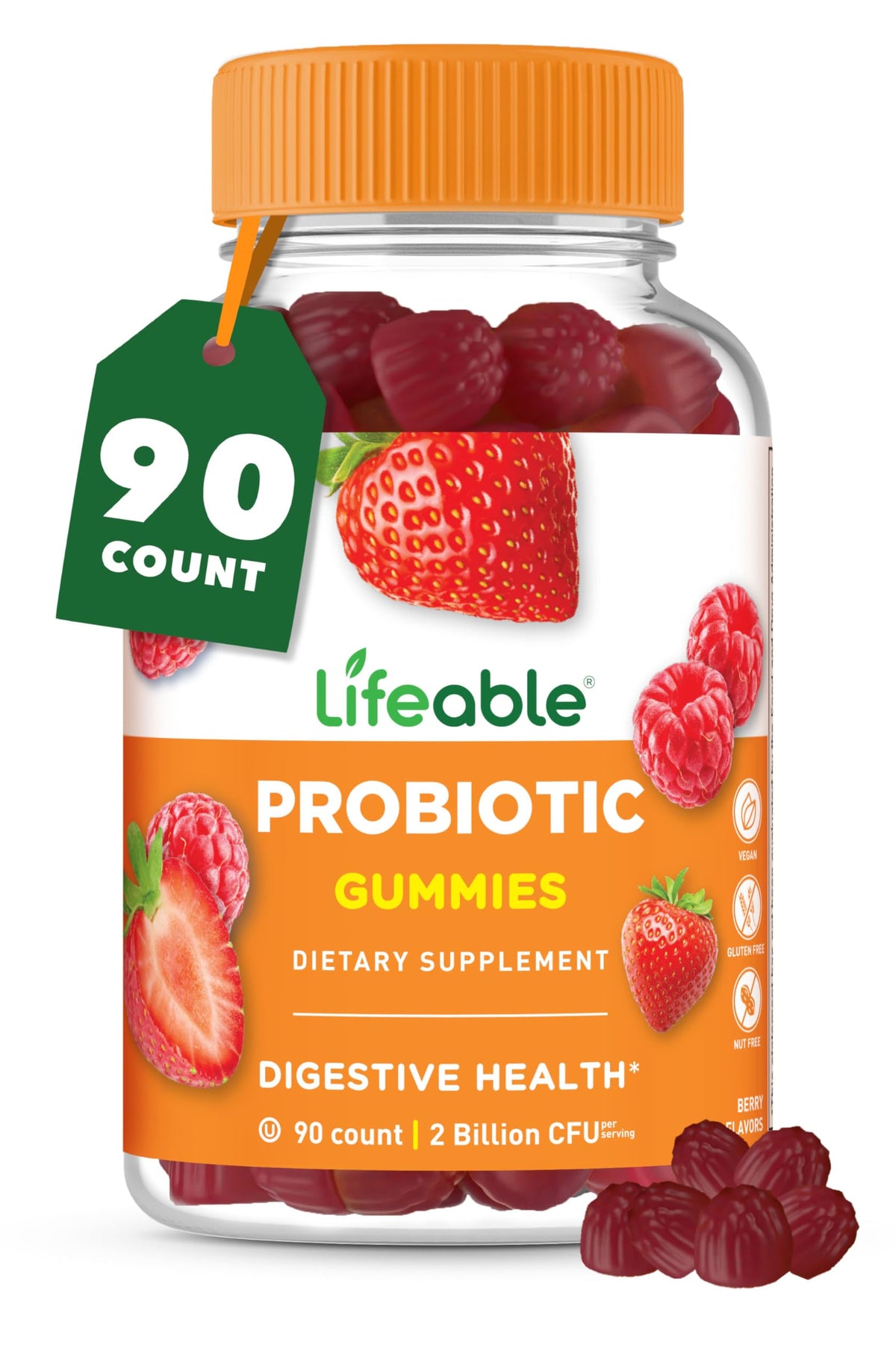 Lifeable Probiotics Gummies bottle close-up with raspberry flavor for gut health