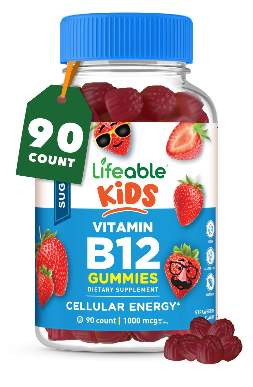 Lifeable Sugar Free Kids B12 Bottle shows strawberry gummies for energy