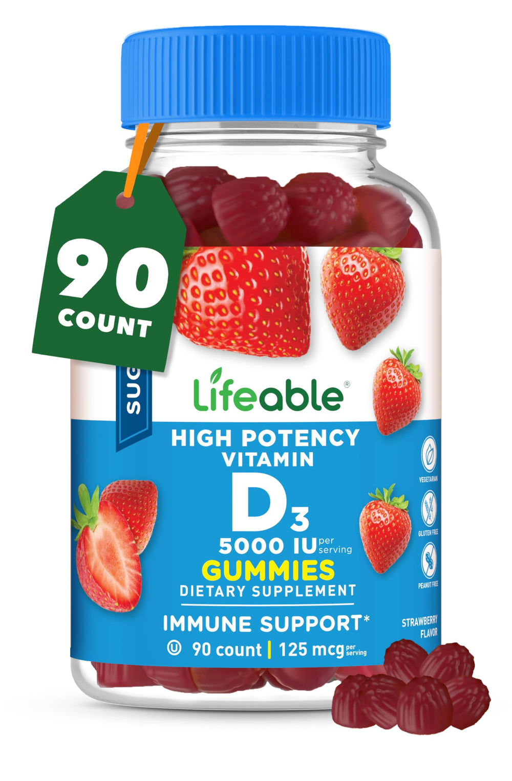 Lifeable Sugar Free Vitamin D 5000 IU strawberry gummies in bottle for daily immune support