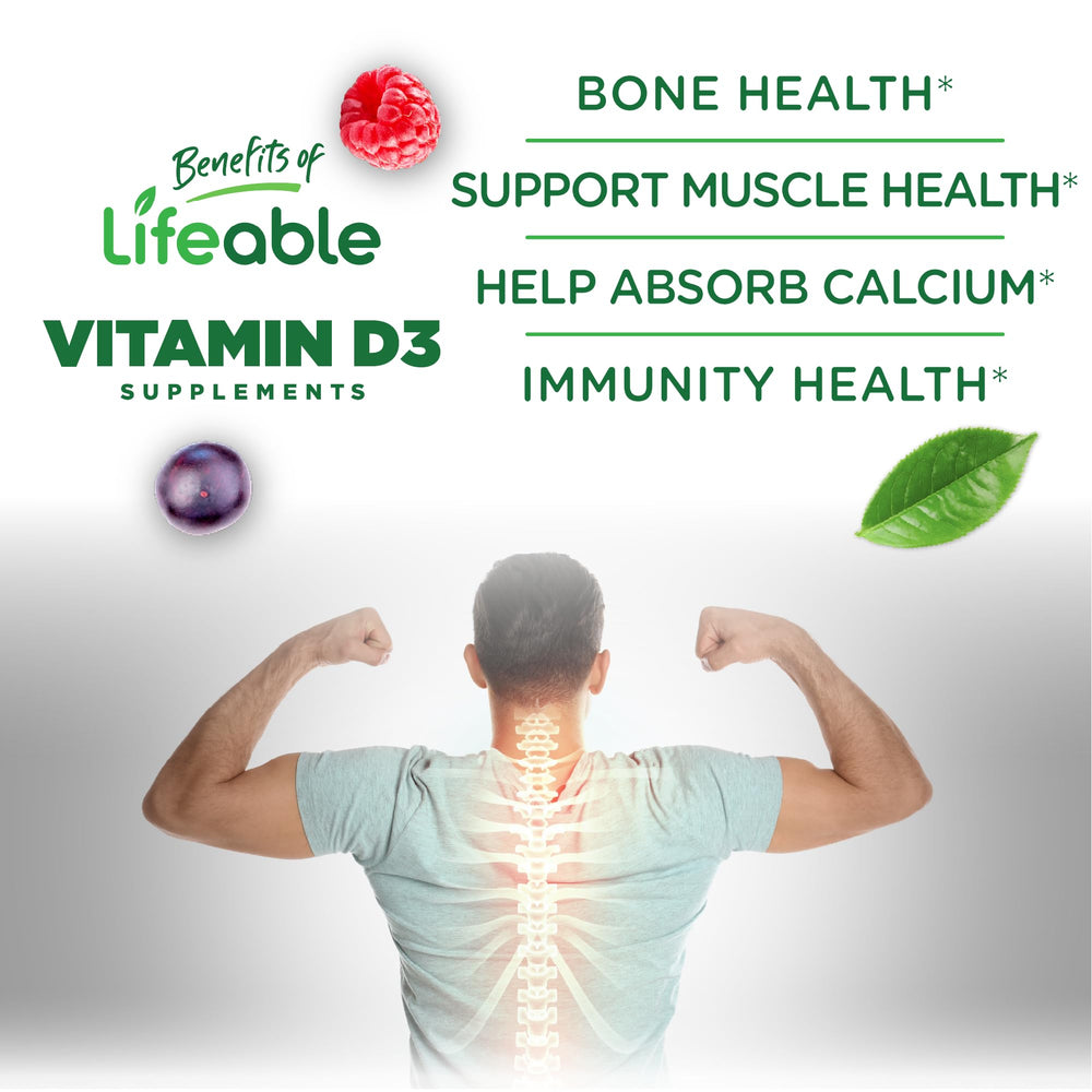 Lifeable Sugar Free D3 gummies on kitchen counter highlight gluten-free formula