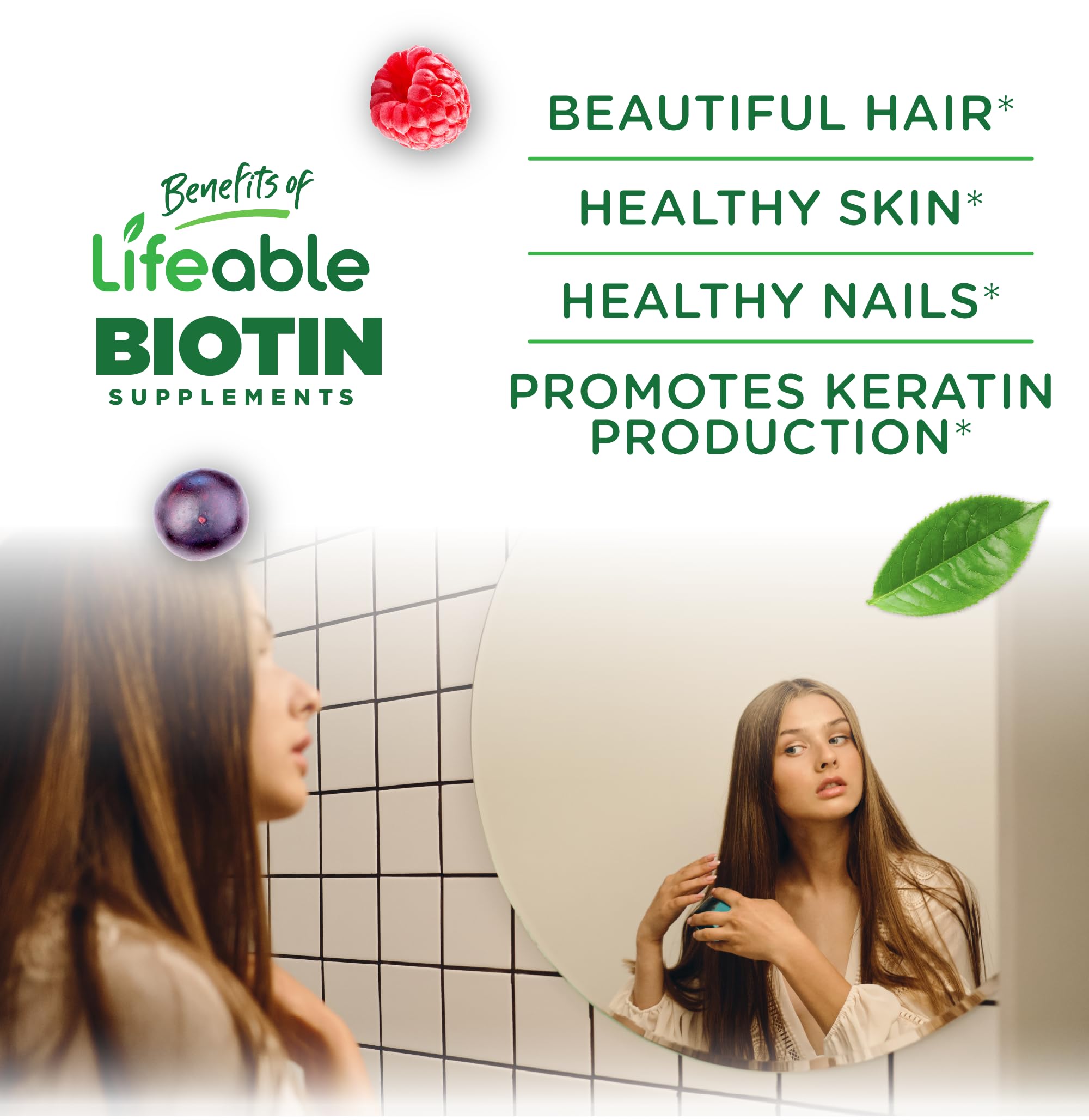 Lifeable Teens Biotin Gummies close-up emphasizes fruity flavor and texture.