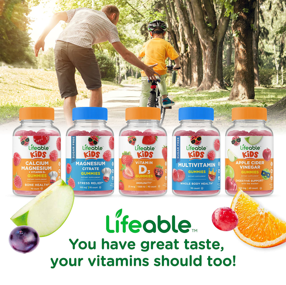 Lifeable bottle on table demonstrates travel-friendly, kid-approved gummy supplement.