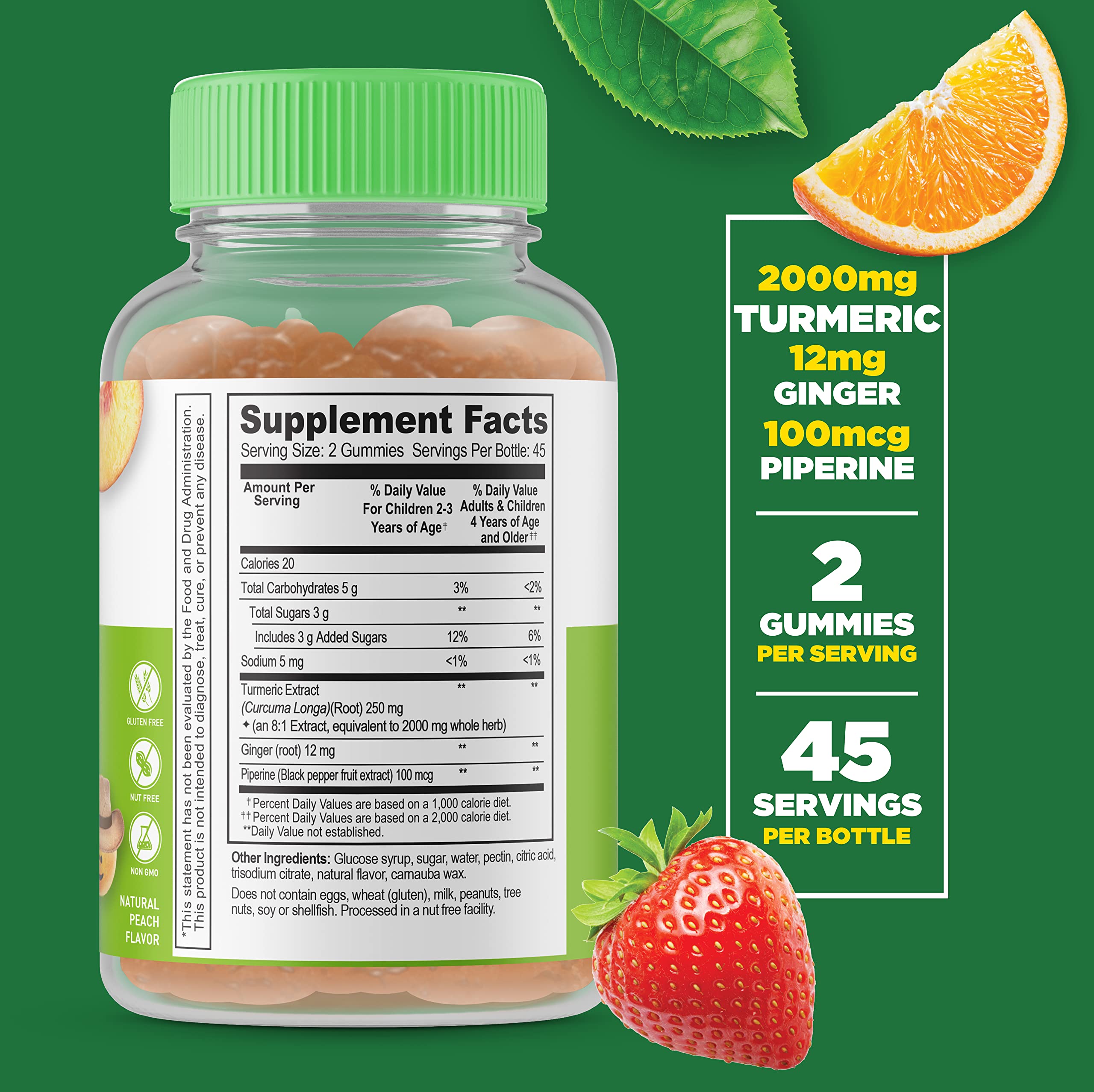 Lifeable turmeric-curcumin-ginger gummies peach flavor close-up, gluten-free and vegetarian option.