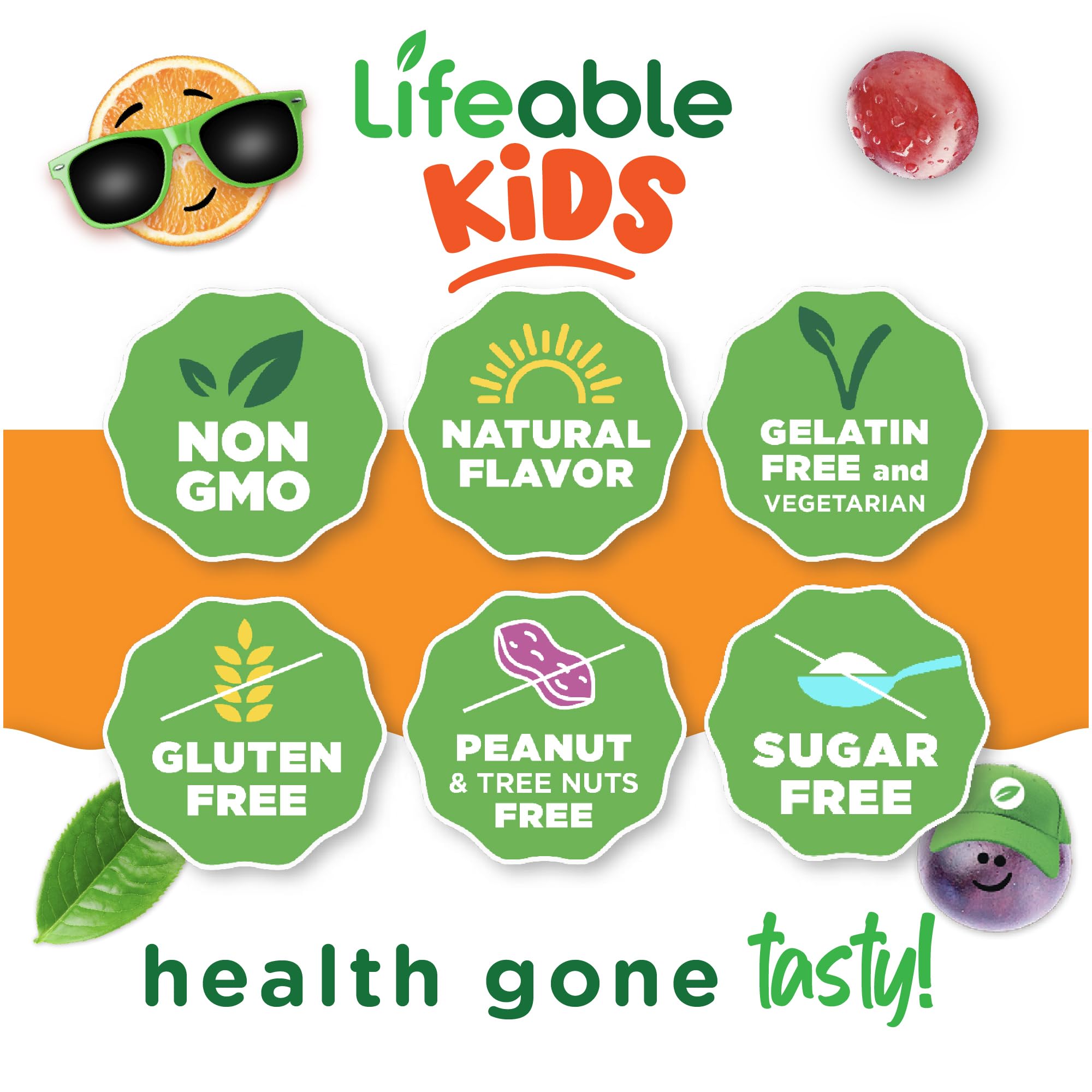 Lifeable vegetarian sugarfree kids fiber gummies packaging — gluten-free, dairy-free, non-GMO.